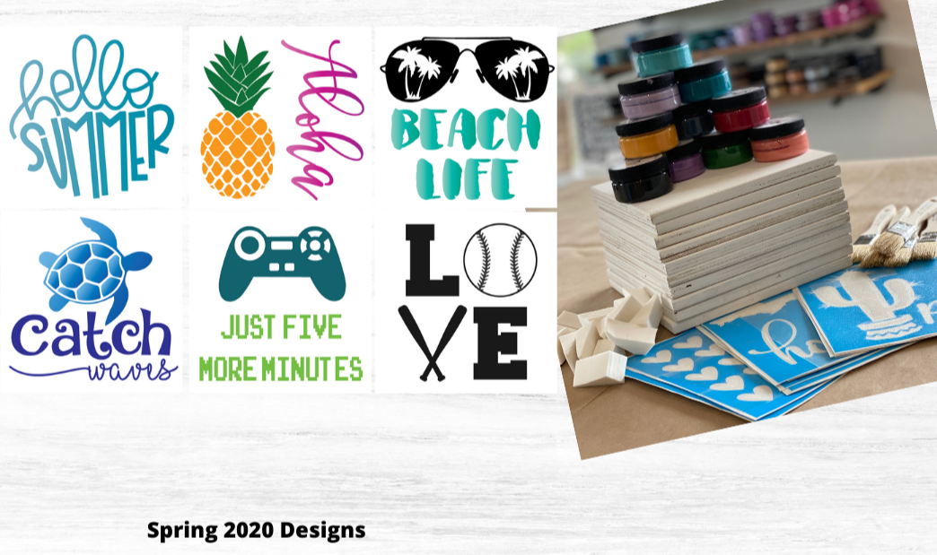 Six summer wood sign designs for classrooms: Hello Summer, Aloha, Beach Life, Catch Waves, Just Five More Minutes and Love