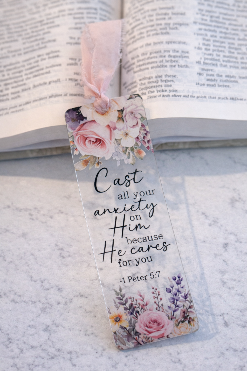 Floral bookmark with Cast all your Anxiety on Him 1 Peter 5:7 Fernandina Beach Christian Gifts. 
