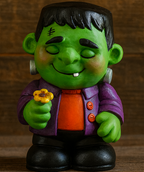 Green monster figurine with black hair, purple coat, and orange shirt holding a flower on a wooden surface.