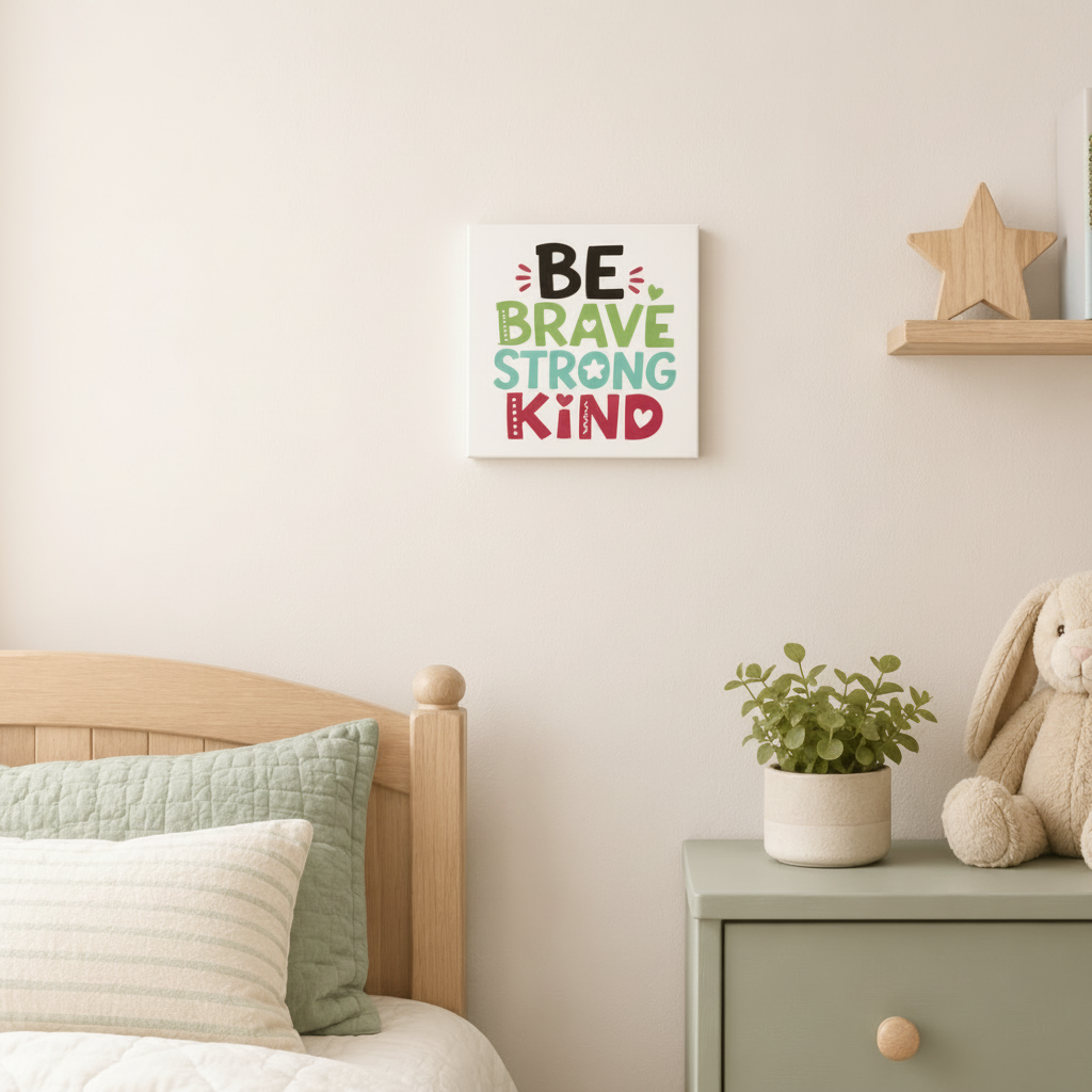 Bedroom with motivational wall art, teddy bear, and plant on a nightstand.