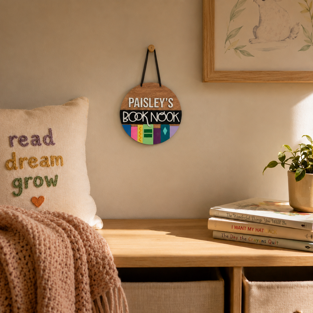 Decorative sign with 'Pauley's Book Nook' on a wall above a wooden shelf with books and a pillow.