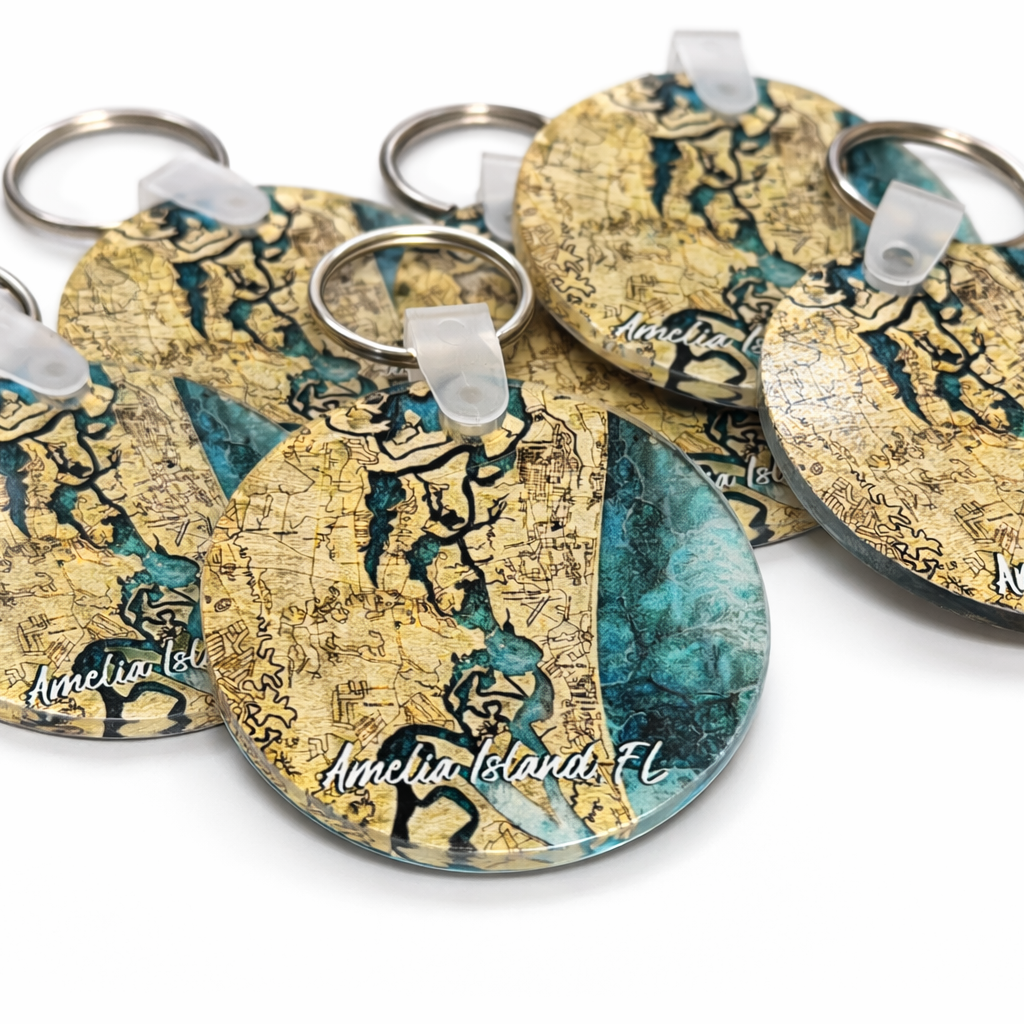 Amelia Island Florida map acrylic keychains for wedding welcome bags and corporate event gifts, coastal Fernandina Beach FL souvenir favors