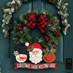 Decorative Christmas wreath with Santa, snowman, and reindeer on a teal door.