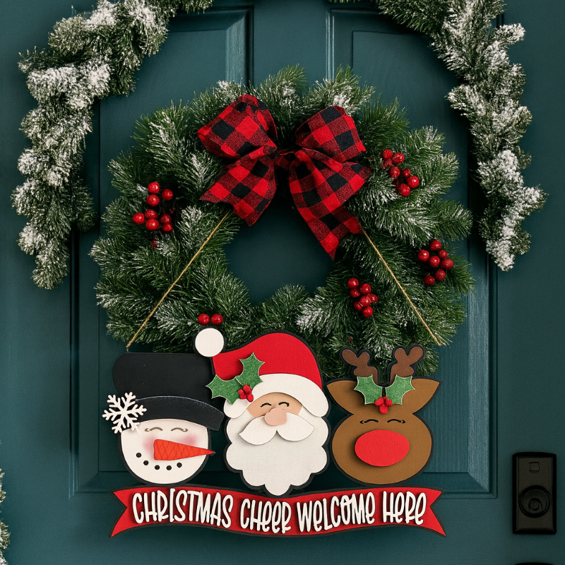 Decorative Christmas wreath with Santa, snowman, and reindeer on a teal door.