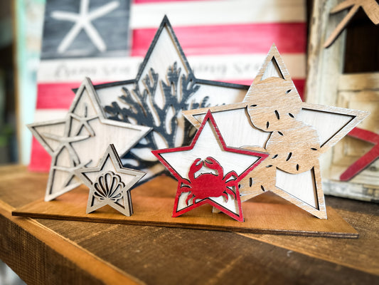 PAINTED* Coastal Patriotic Stars Set of 5 with Stand Shelf Sitter P02670 3D Sign