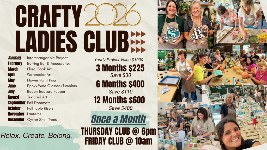 Crafty Ladies Club members at Paisley Grace Makery in Fernandina Beach Florida creating monthly craft projects together
