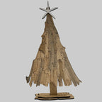 A rustic wooden Christmas tree decoration with a star topper and a slatted base, shown against a plain light gray background.