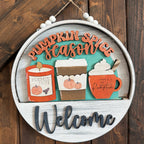 Decorative sign with 'Pumpkin Spice Season' and 'Welcome' text on a wooden background