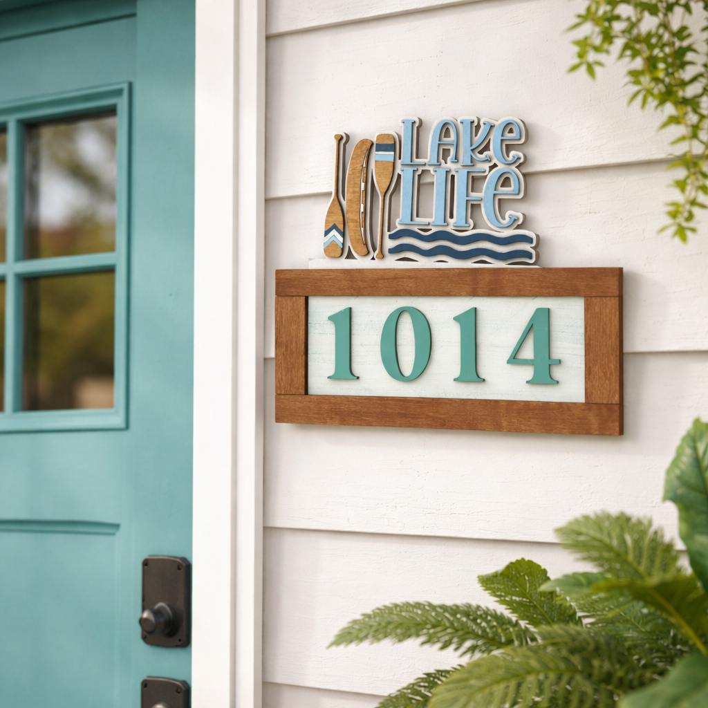 House number '1014' on a decorative sign with 'Lake Life' theme next to a teal door.