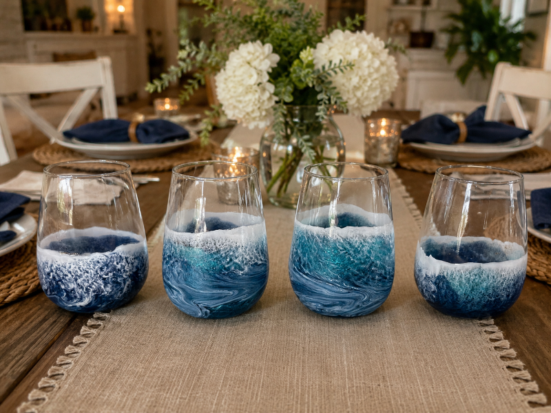 Four blue and white marbled glass tumblers on a dining table with a floral centerpiece.