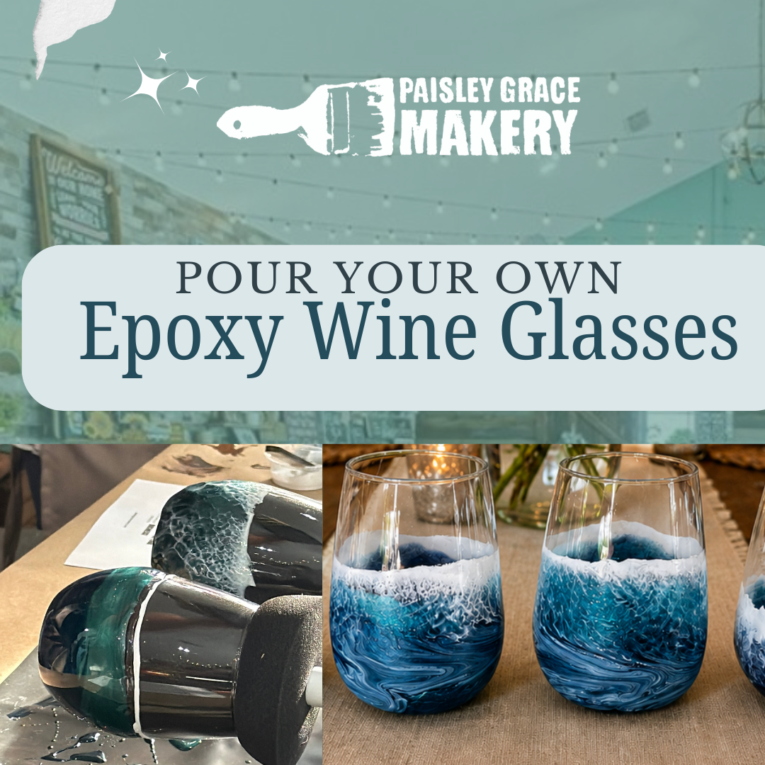 Promotional collage for a pour-your-own epoxy wine glass kit by Paisley Grace Makery, showing finished blue marbled glass cups, the kit text, and a workshop scene with a person pouring resin.