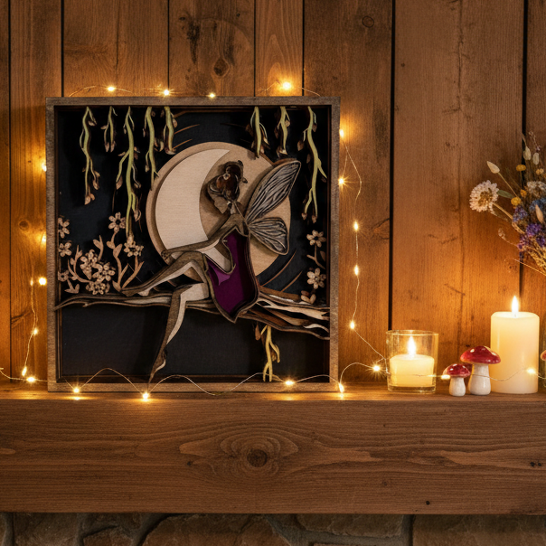 Decorative wall art with a fairy and moon design on a white background
