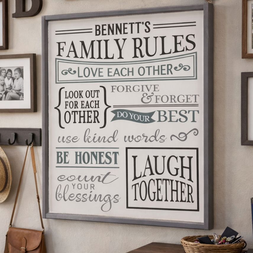 Family rule sign on a wall with family photos and decor DIY Craft Kit,
