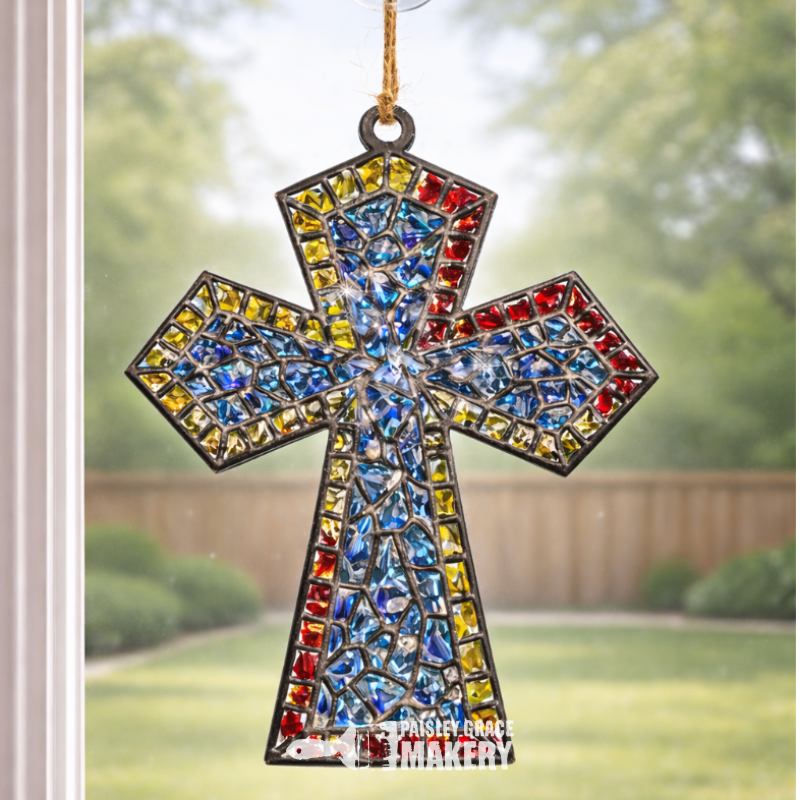 Faux Stained Glass Cross Sun Catcher G338