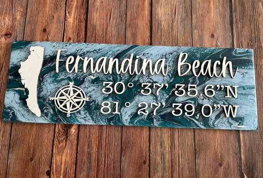 FERNANDINA BEACH GPS Paint Poured Plank P03753