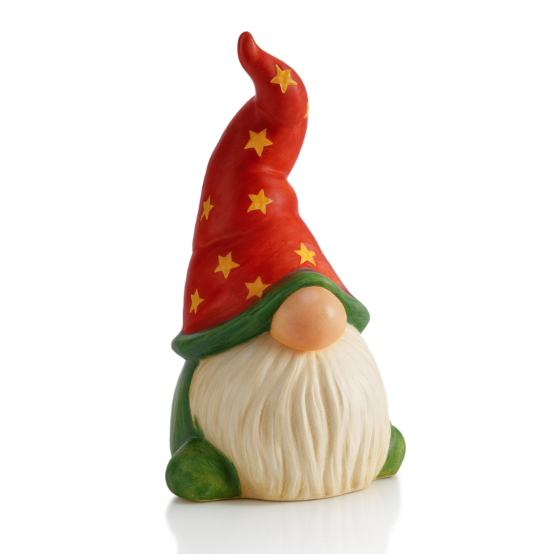 Decorative gnome figurine with a red hat featuring yellow stars on a white background