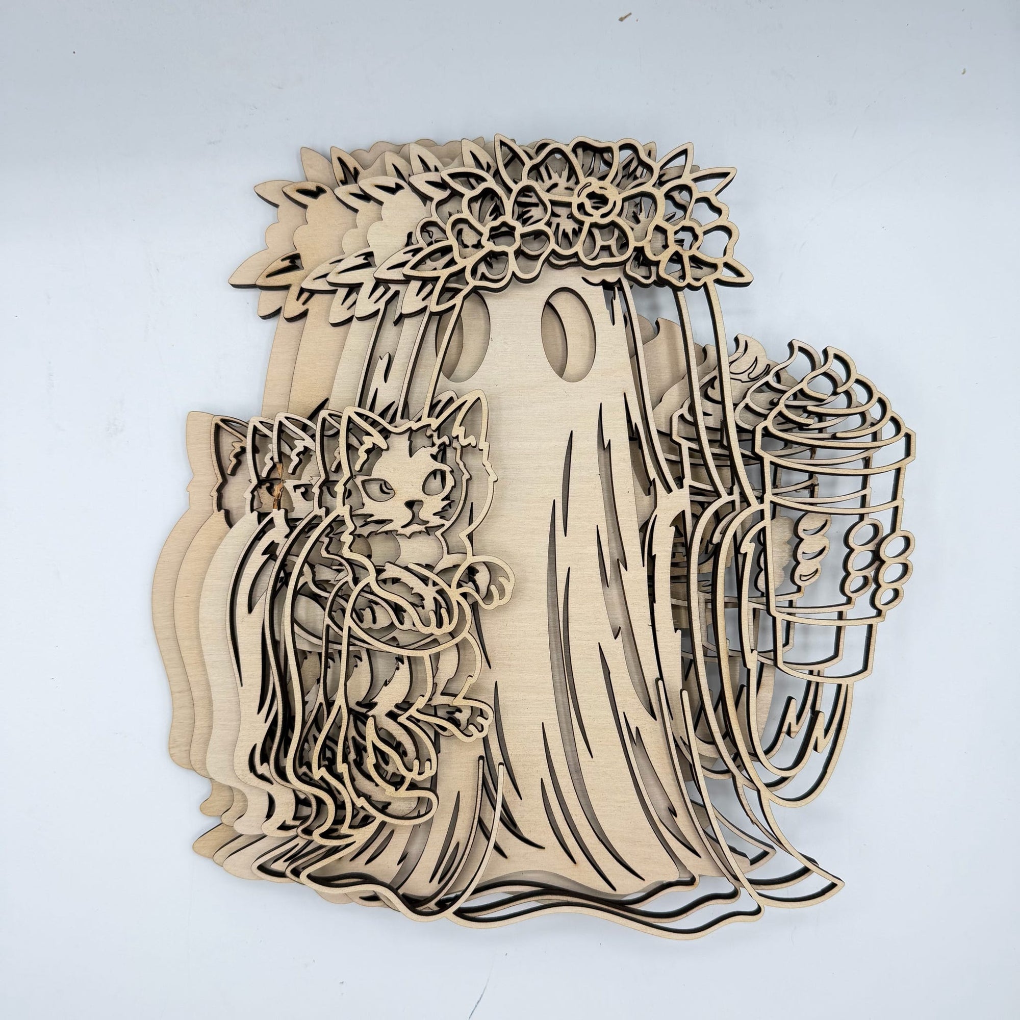 Floral Ghost with Black Cat & Pumpkin Latte 3D LASER PROJECT G0645