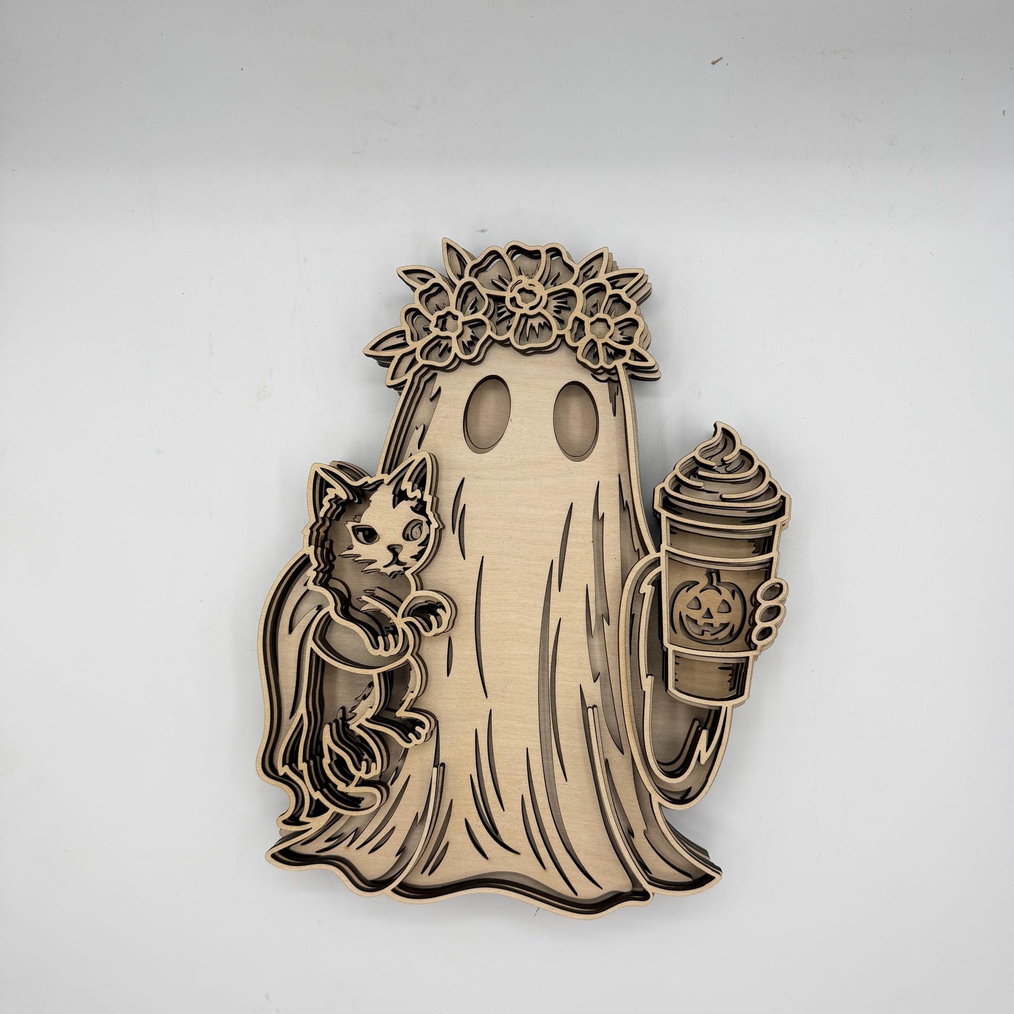Floral Ghost with Black Cat & Pumpkin Latte 3D LASER PROJECT G0645