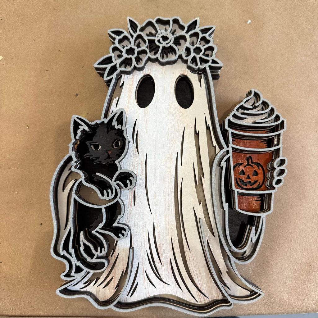 Floral Ghost with Black Cat & Pumpkin Latte 3D LASER PROJECT G0645
