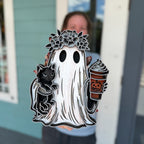 Floral Ghost with Black Cat & Pumpkin Latte 3D LASER PROJECT G0645