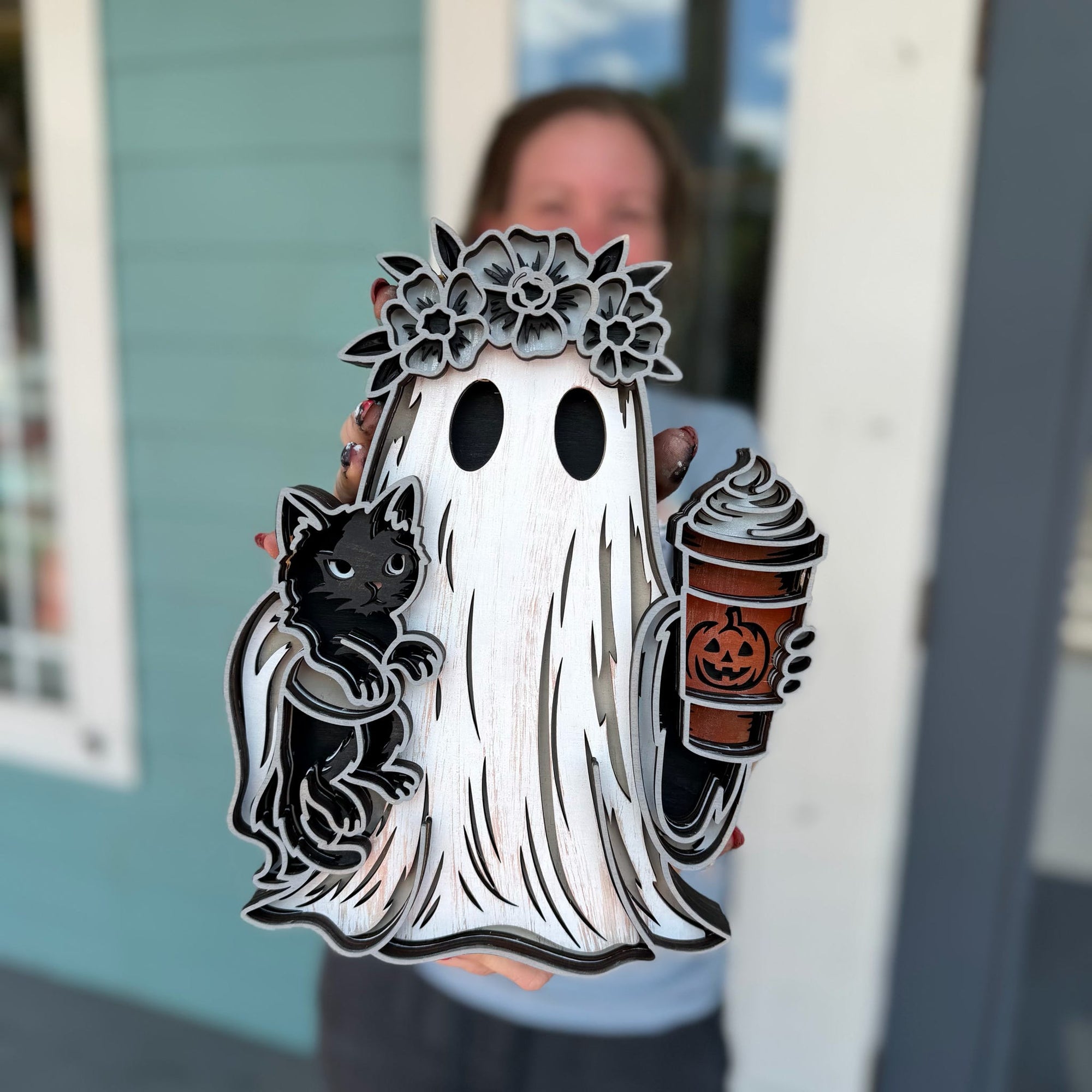 Floral Ghost with Black Cat & Pumpkin Latte 3D LASER PROJECT G0645