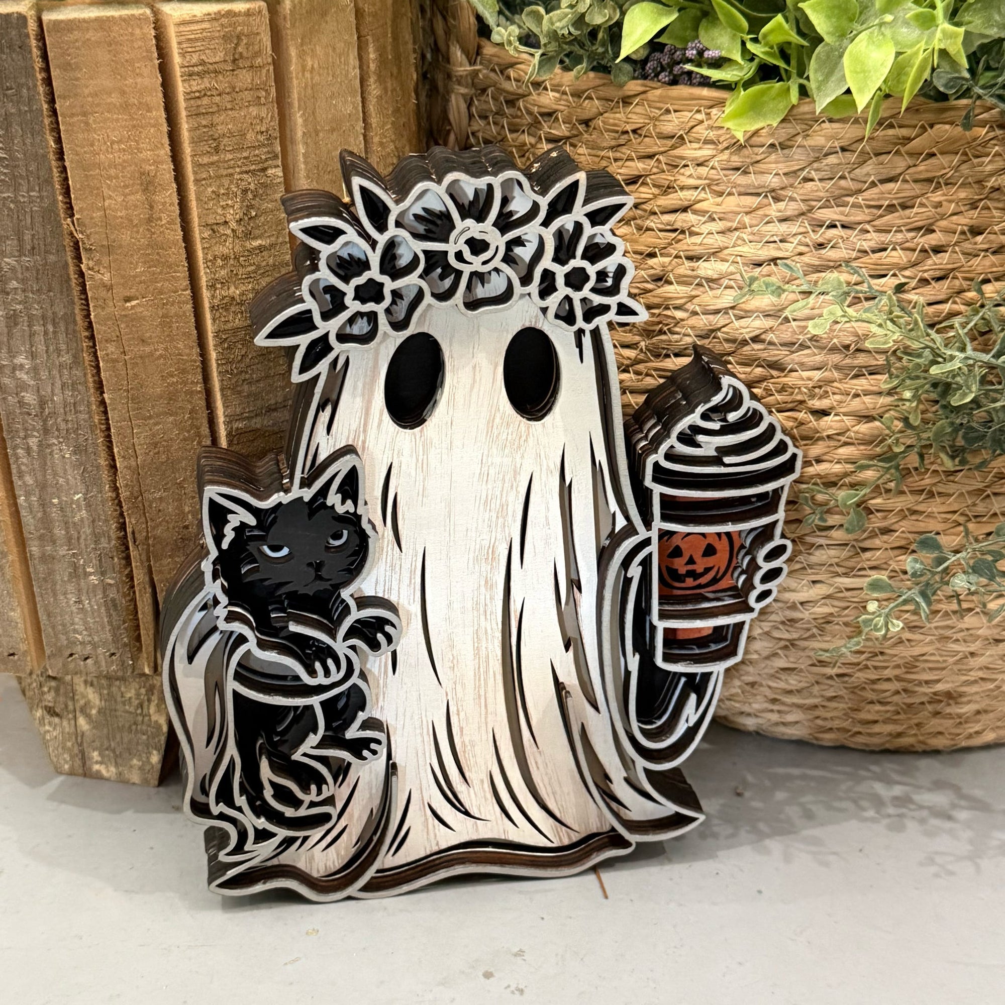 Floral Ghost with Black Cat & Pumpkin Latte 3D LASER PROJECT G0645
