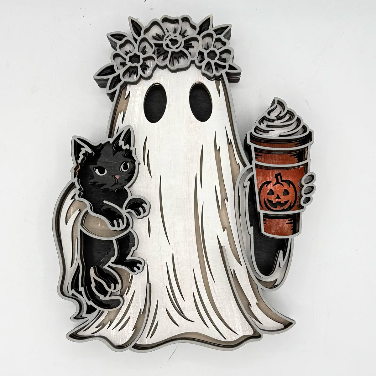 Floral Ghost with Black Cat & Pumpkin Latte 3D LASER PROJECT G0645