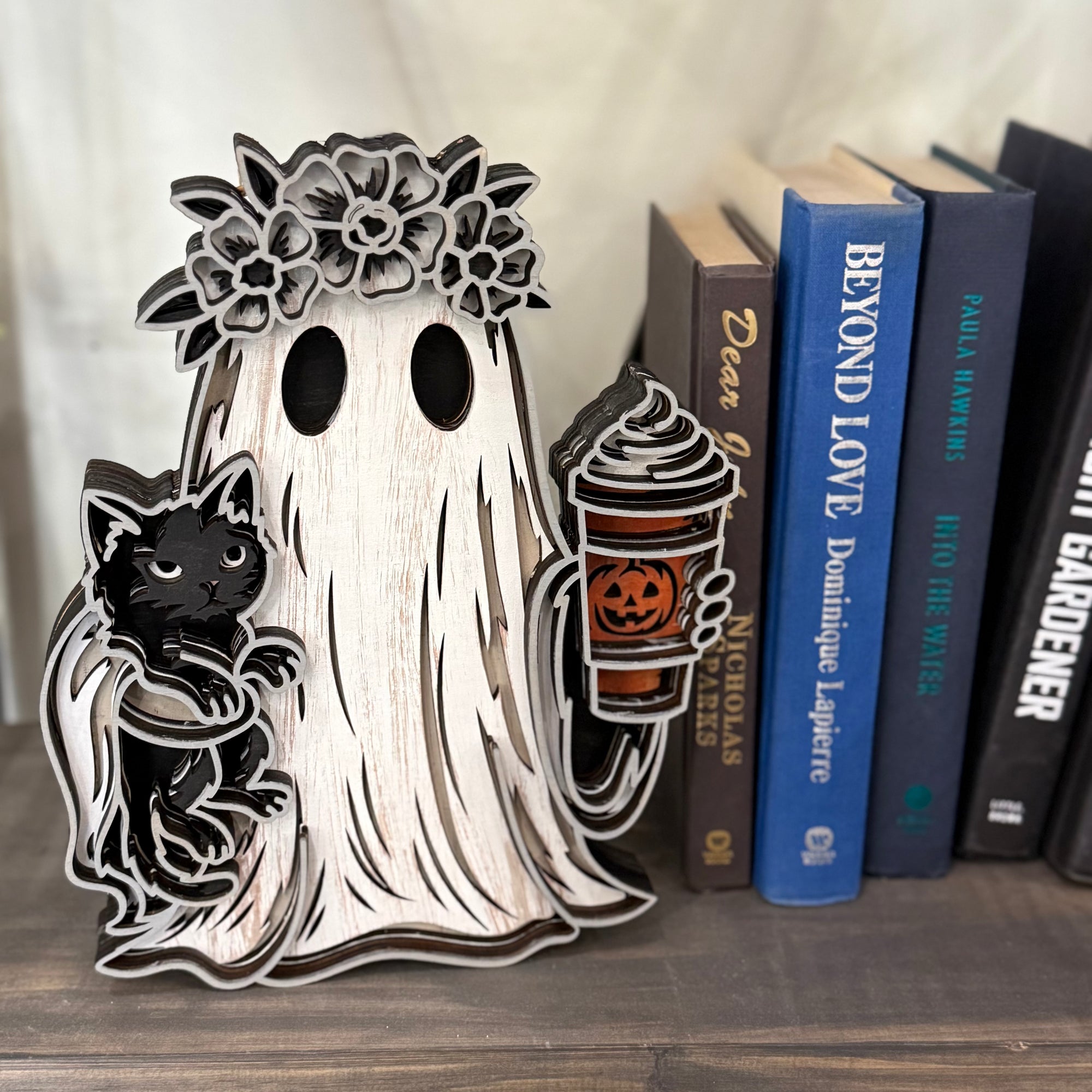 Floral Ghost with Black Cat & Pumpkin Latte 3D LASER PROJECT G0645