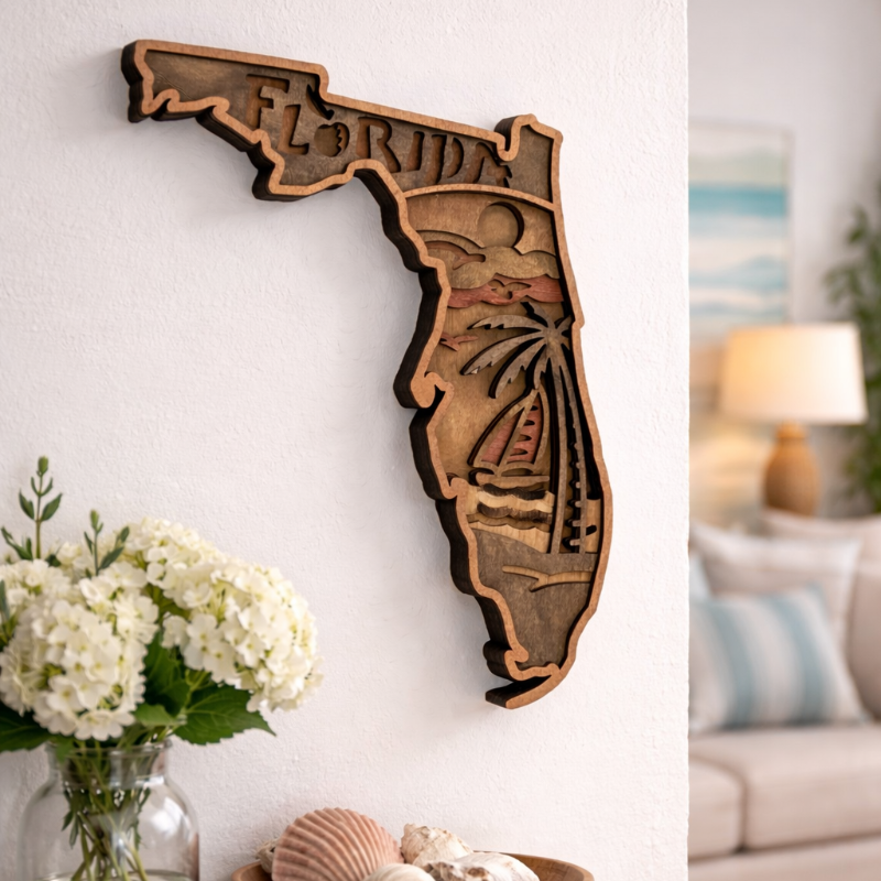 Wooden wall art of Florida on a white wall . Finished project or DIY Craft Kit. Realtor Gift. Florida Housewarming gift. 