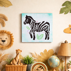 Children's room with zebra artwork, toys, and decorative items on a dresser.