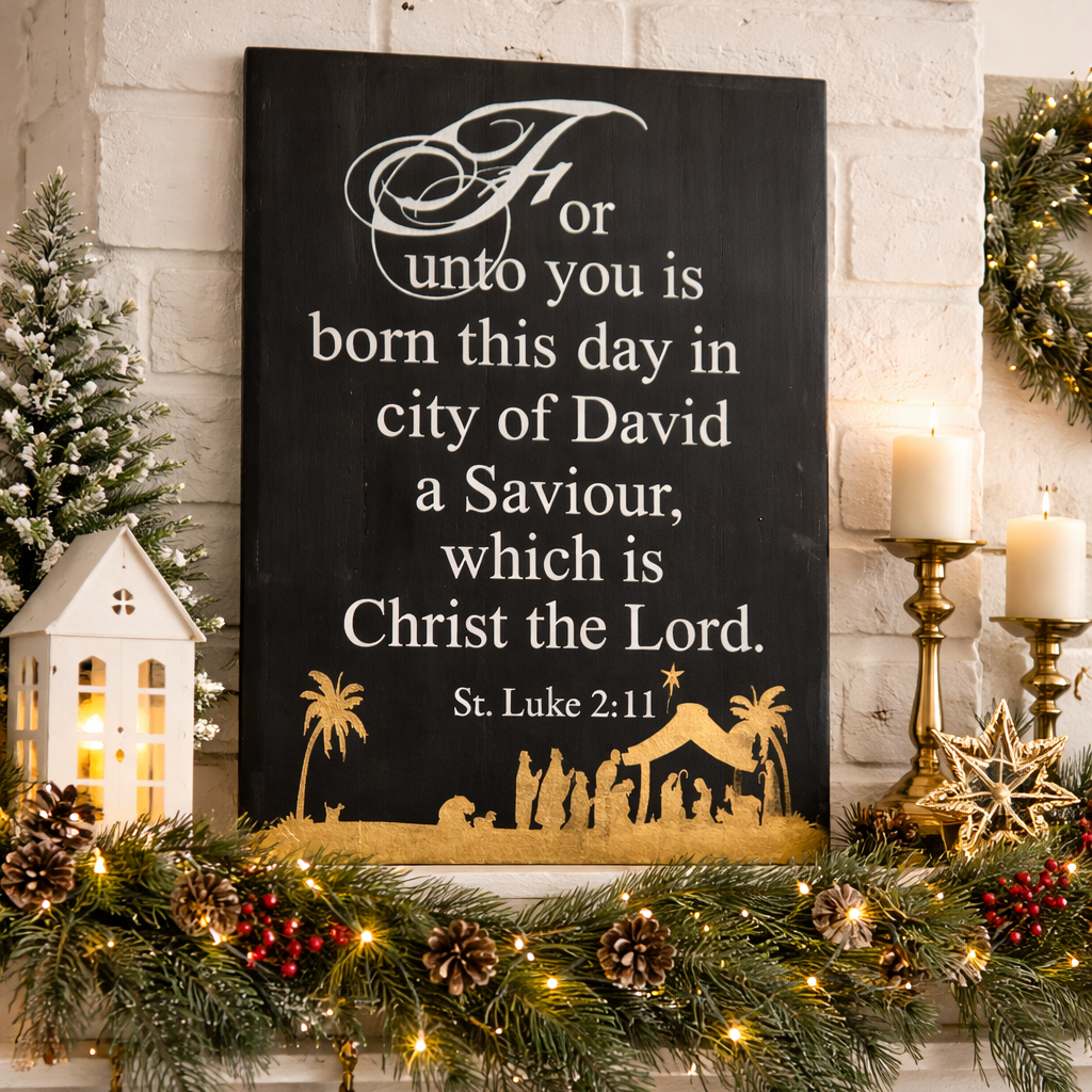 Decorative Christmas mantel with nativity scene, stockings, and Christmas lights.