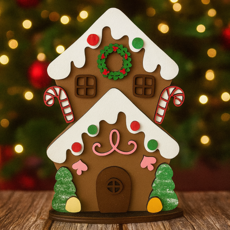 Decorative gingerbread house on a wooden surface with a blurred Christmas tree in the background.