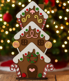 Decorative gingerbread house with candy cane details against a Christmas tree background