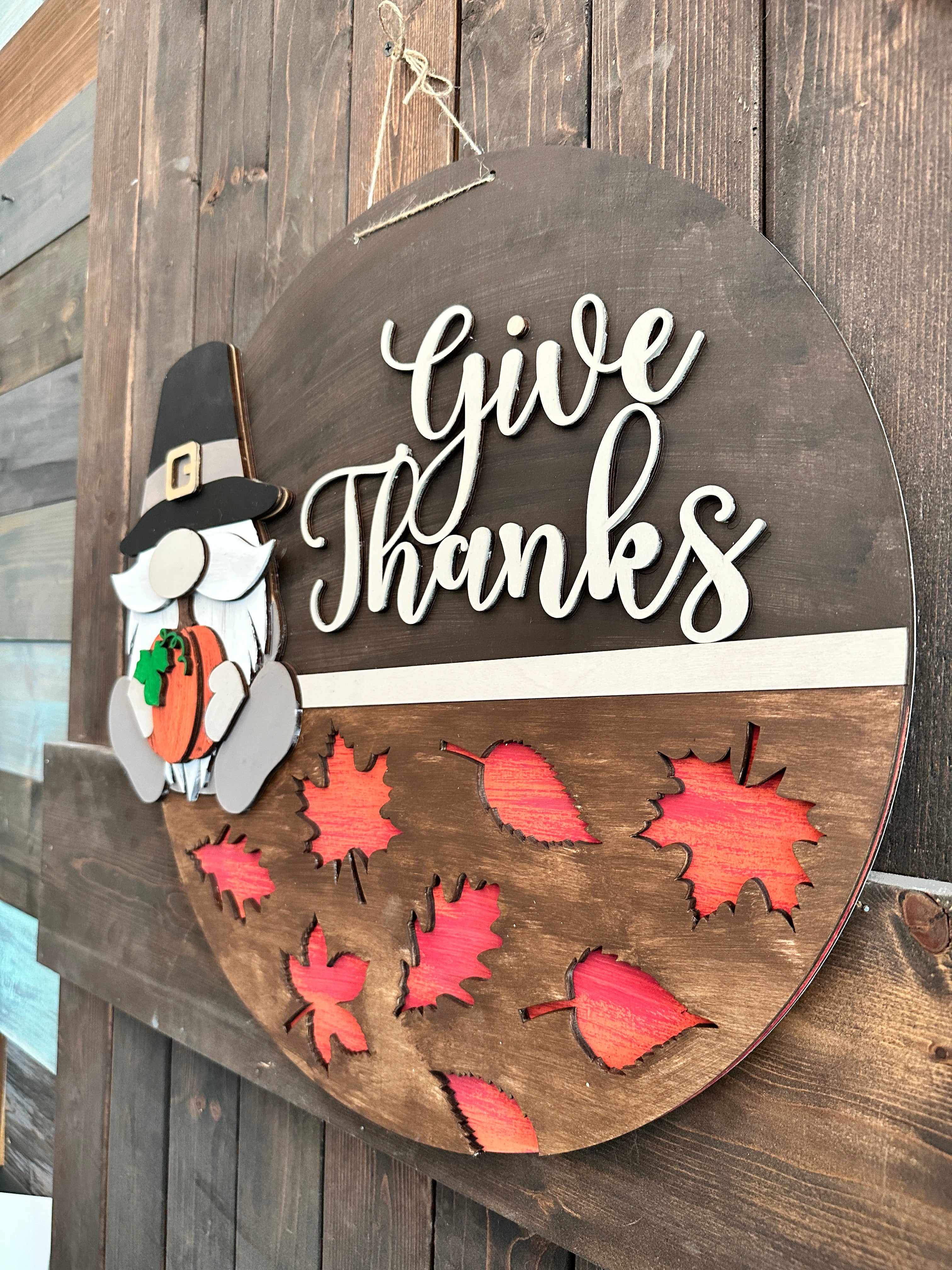 Give Thanks Gnome with Leaves Door Hanger P02791