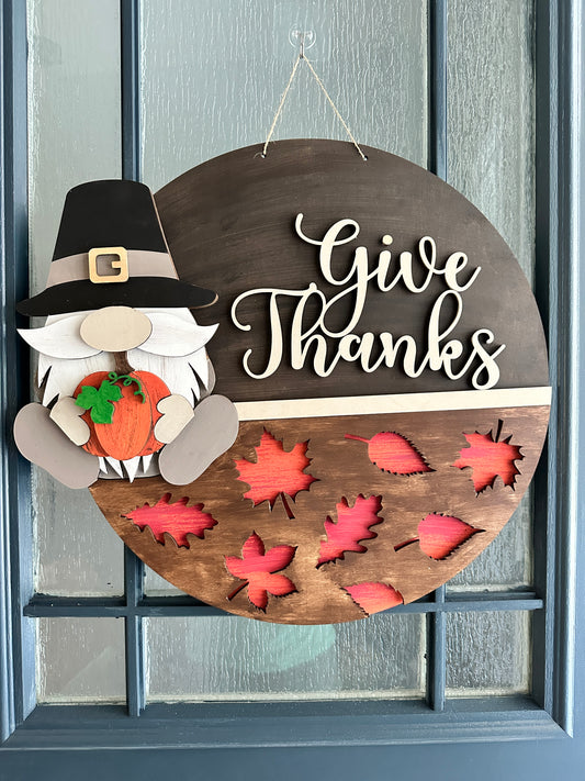 PAINTED Give Thanks Gnome with Leaves Door Hanger P02791