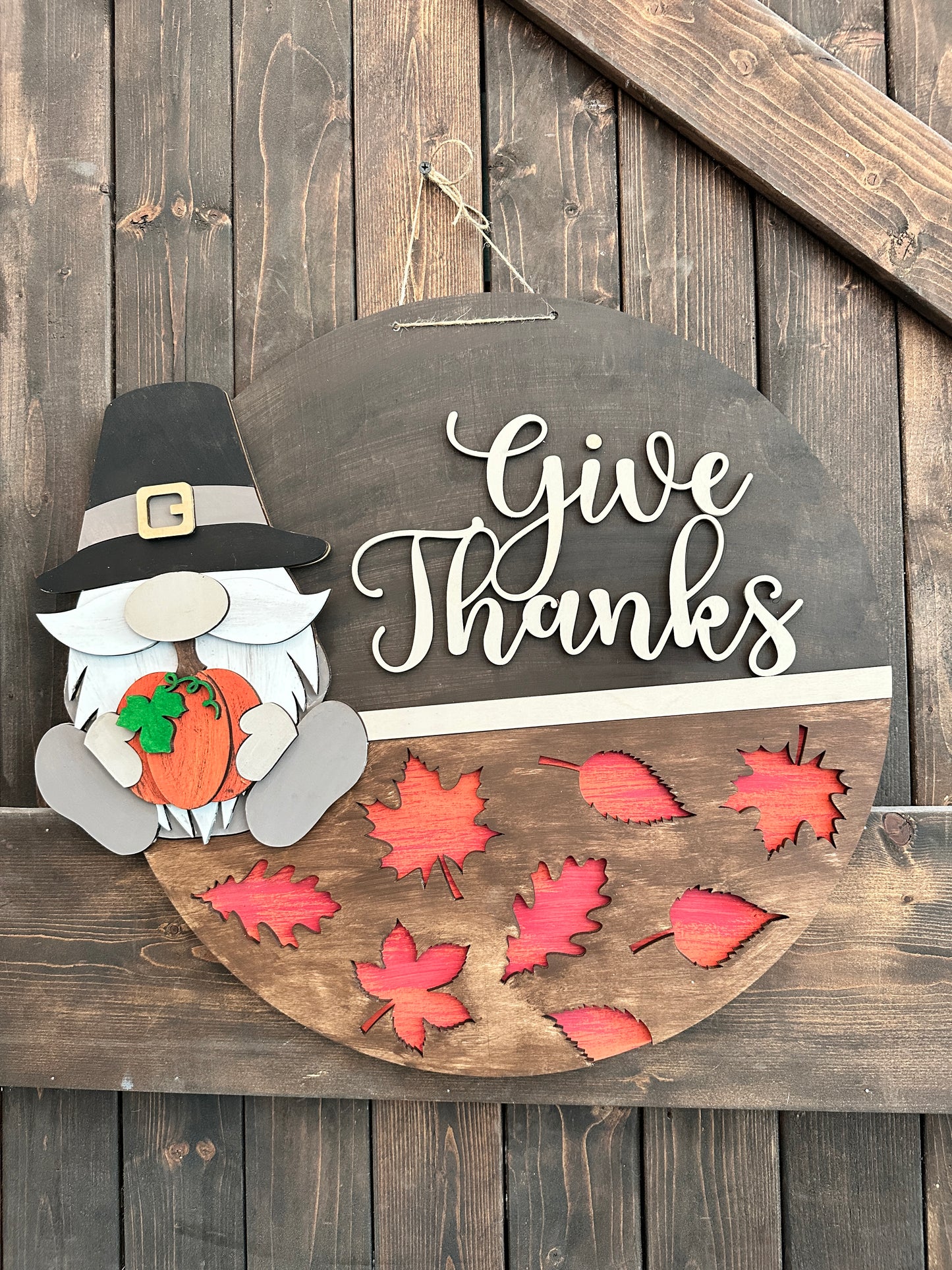 PAINTED Give Thanks Gnome with Leaves Door Hanger P02791