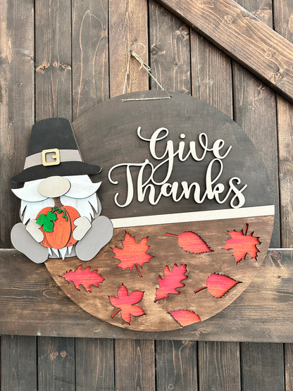 PAINTED Give Thanks Gnome with Leaves Door Hanger P02791