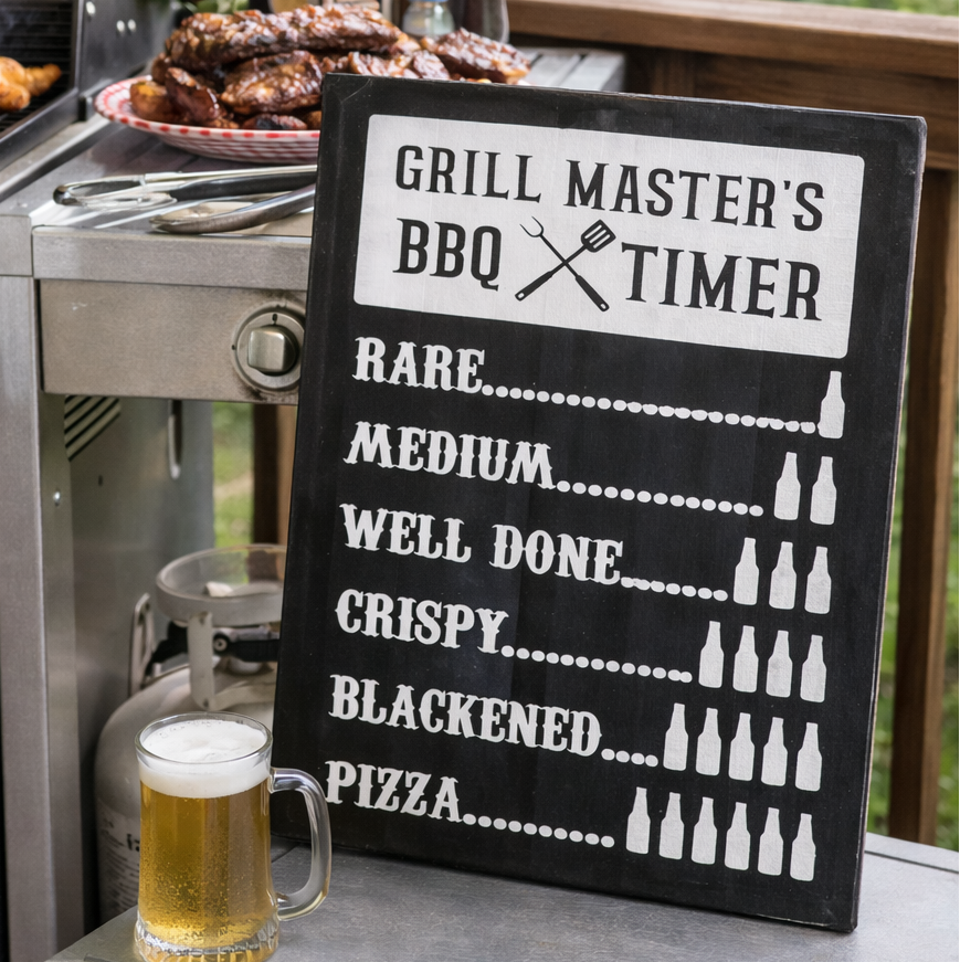Grill master's BBQ timer sign on a grill with beer and food Father's Day Sign. DIY Workshop. Handmade gifts. 
