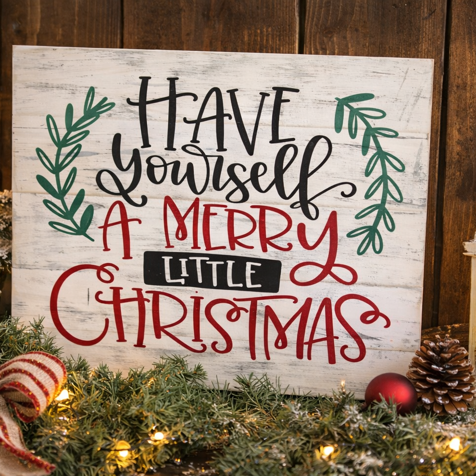 Decorative sign with Christmas message surrounded by festive decorations on a wooden surface.