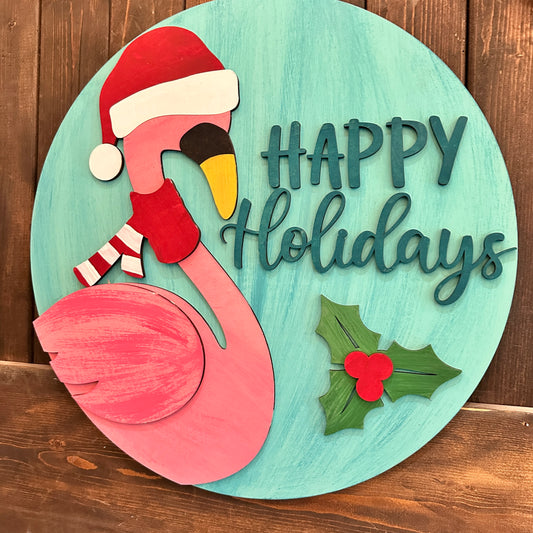 PAINTED Happy Holidays Flamingo with Santa Hat Door Hanger Design P02841