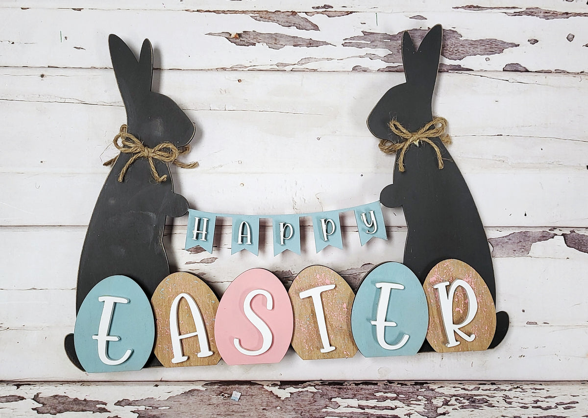 Happy Spring/Happy Easter Bunnies with Banner Reversible Laser Cut Shelf Sitter P03587