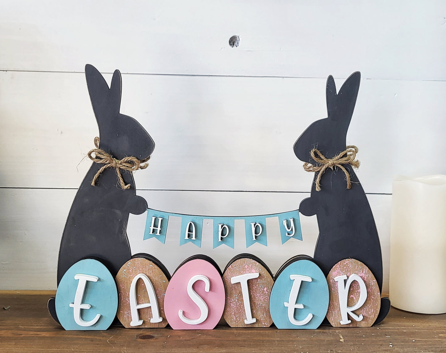 Happy Spring/Happy Easter Bunnies with Banner Reversible Laser Cut Shelf Sitter P03587
