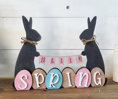 Happy Spring/Happy Easter Bunnies with Banner Reversible Laser Cut Shelf Sitter P03587