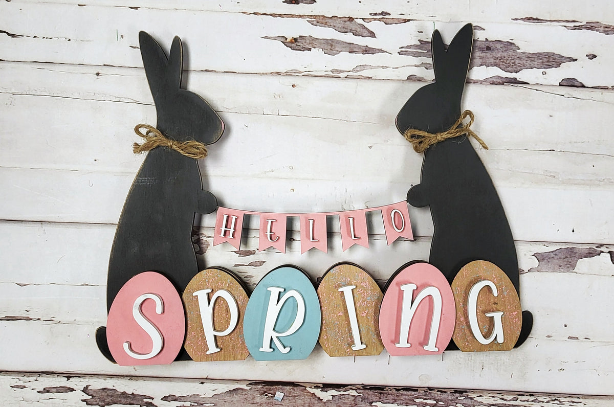 Happy Spring/Happy Easter Bunnies with Banner Reversible Laser Cut Shelf Sitter P03587