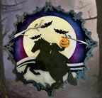 Decorative wall art with a horse, pumpkin, and bats against a moonlit sky on a textured surface.