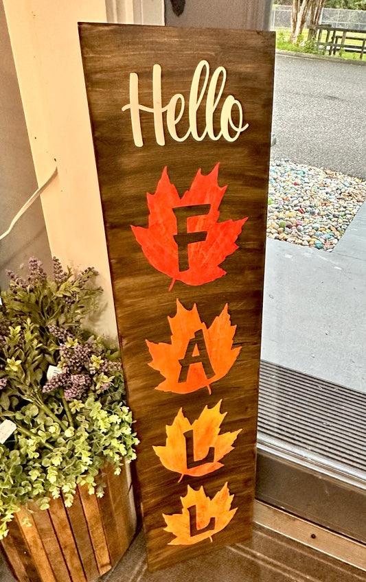 Hello Fall Leaves Porch Sign Plank Design P02993