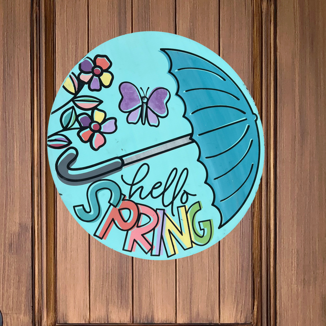 Hello Spring with Umbrellas Outlines Door Hanger P03542