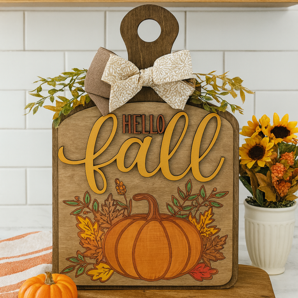 Wooden sign with 'Hello Fall' and pumpkin design on a kitchen counter. DIY Workshop Fernandian Beach, Craft Kit. Fall Craft Kit. 