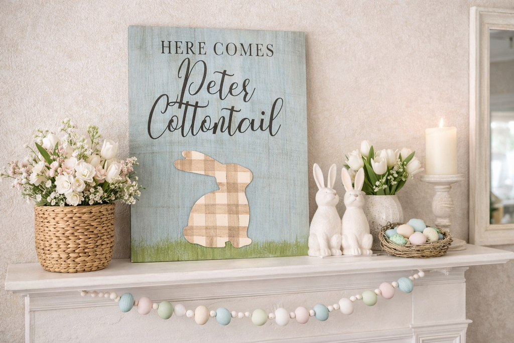 Decorative sign with bunny design and text on a mantel with Easter decorations.