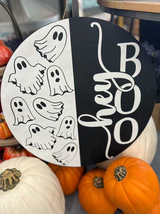 Hey Boo With Ghosts Round Door Hanger P13012